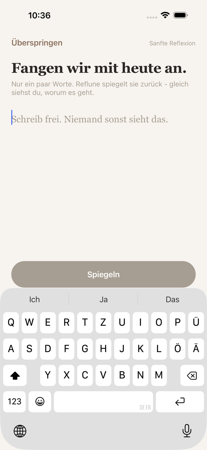 Der erste Eintrag, überschrieben mit Fangen wir mit heute an, mit leerem Schreibfeld und dem Knopf Spiegeln darunter.