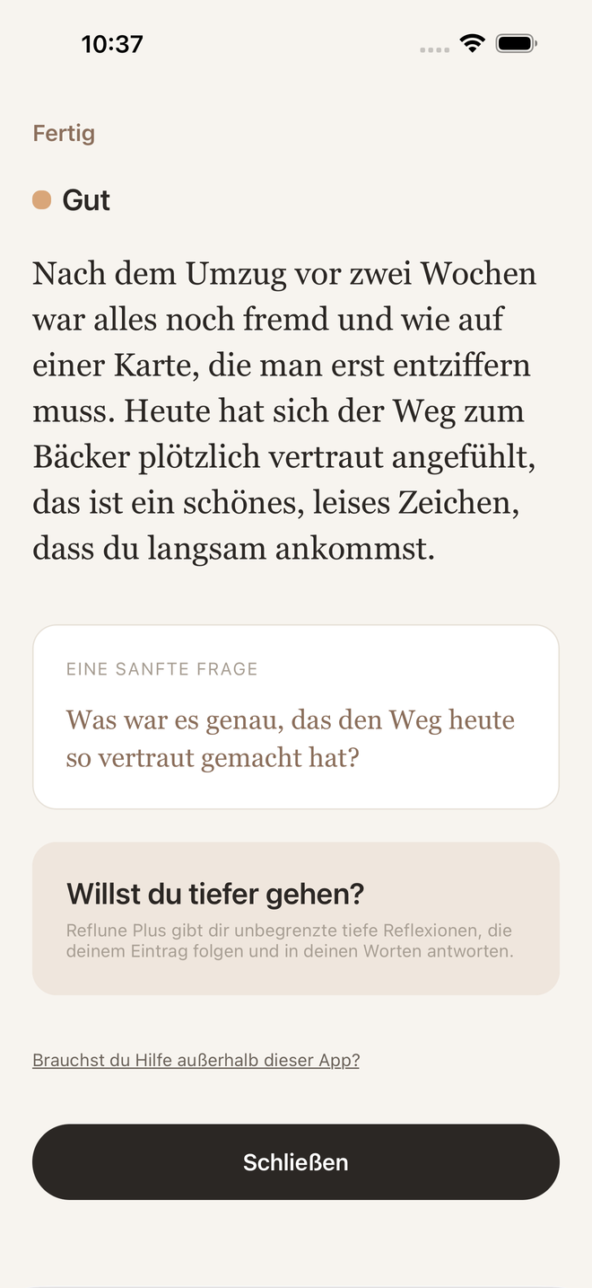 Eine fertige Reflexion auf den Eintrag, darunter eine sanfte Frage in einer Karte.