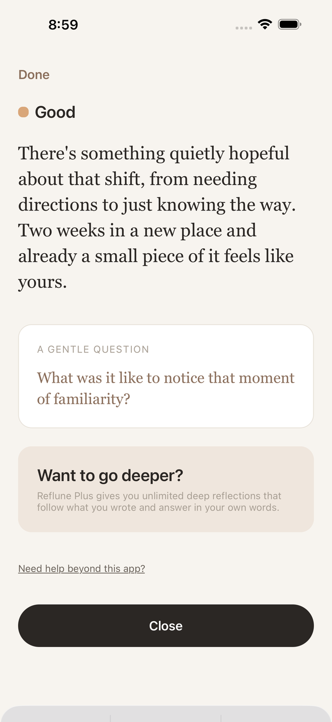 A finished reflection answering the entry, with one gentle question in a card below it.