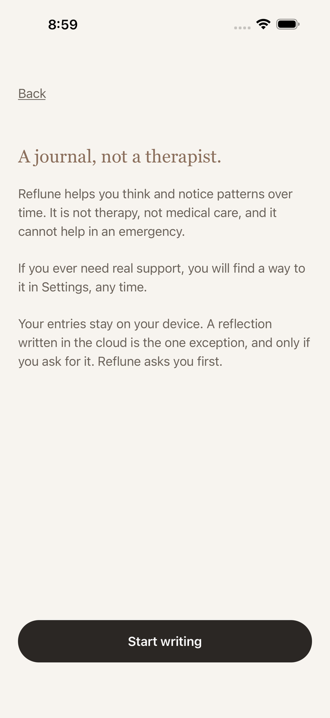 The care screen, headed A journal, not a therapist, saying Reflune is not treatment and that entries stay on your device.
